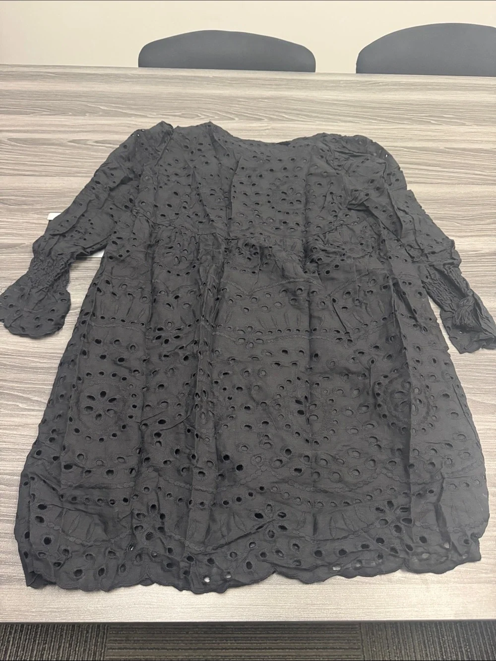 Black Eyelet Midi Dress with Long Sleeves - Women’s Midi Dress